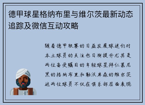 德甲球星格纳布里与维尔茨最新动态追踪及微信互动攻略