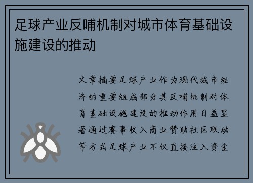 足球产业反哺机制对城市体育基础设施建设的推动