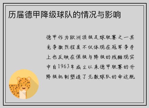 历届德甲降级球队的情况与影响