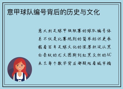 意甲球队编号背后的历史与文化