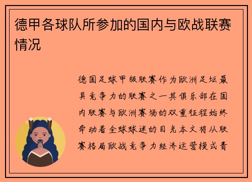 德甲各球队所参加的国内与欧战联赛情况