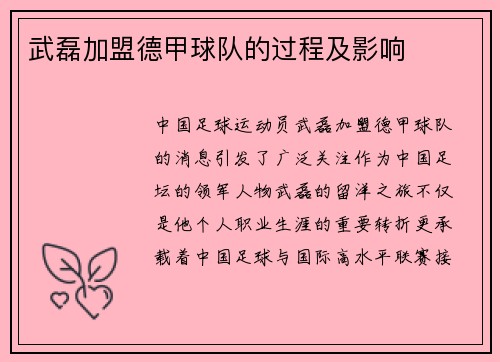 武磊加盟德甲球队的过程及影响